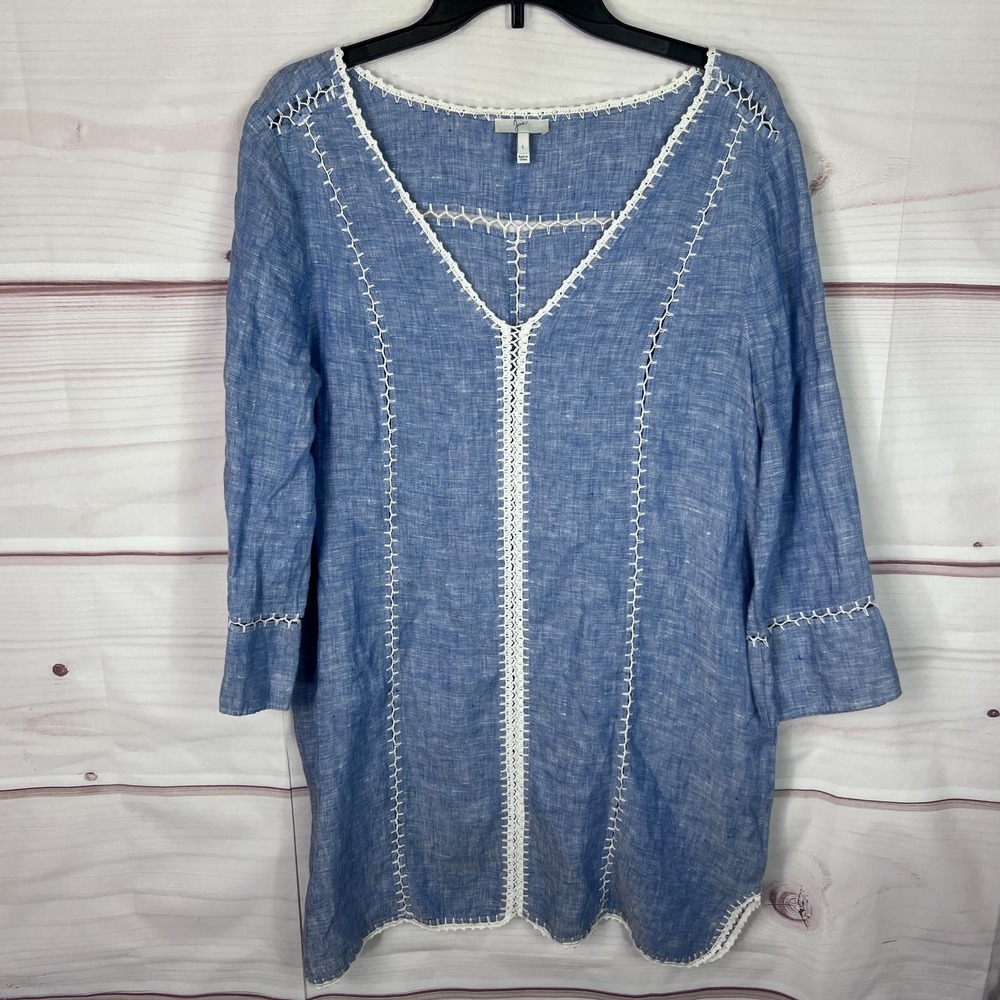 JOIE‎ Top Womens L Blue Linen Tunic Blouse V-Neck Long Sleeve Crochet Pullover